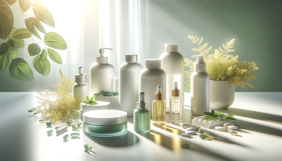 bright scene of health supplements and skincare products on a clean white table