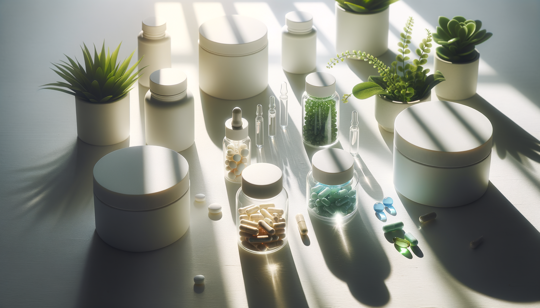 health supplements and skincare products on white table in soft natural light