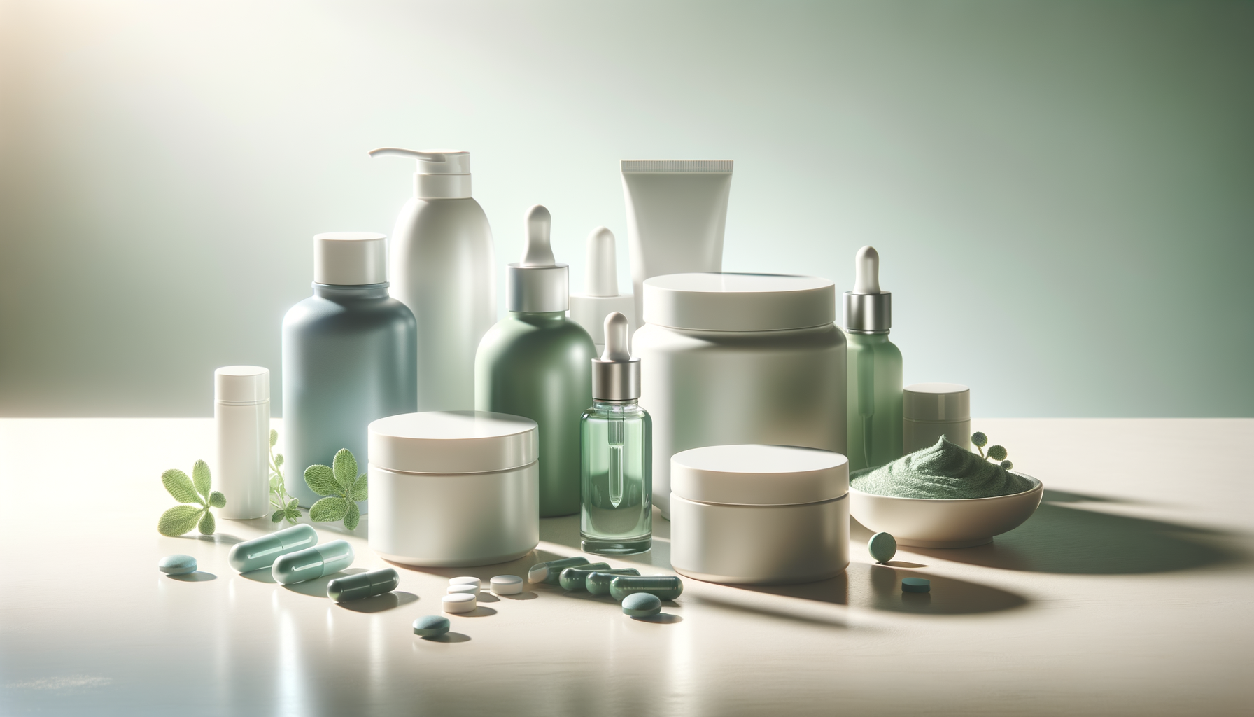health supplements and skincare products on white surface with soft natural lighting