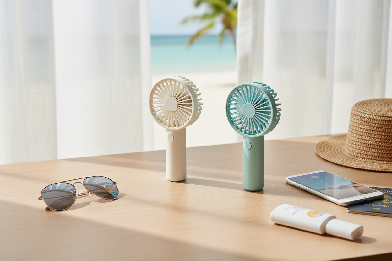 Compact portable desk fan designed for office and home use with steady airflow for personal cooling.