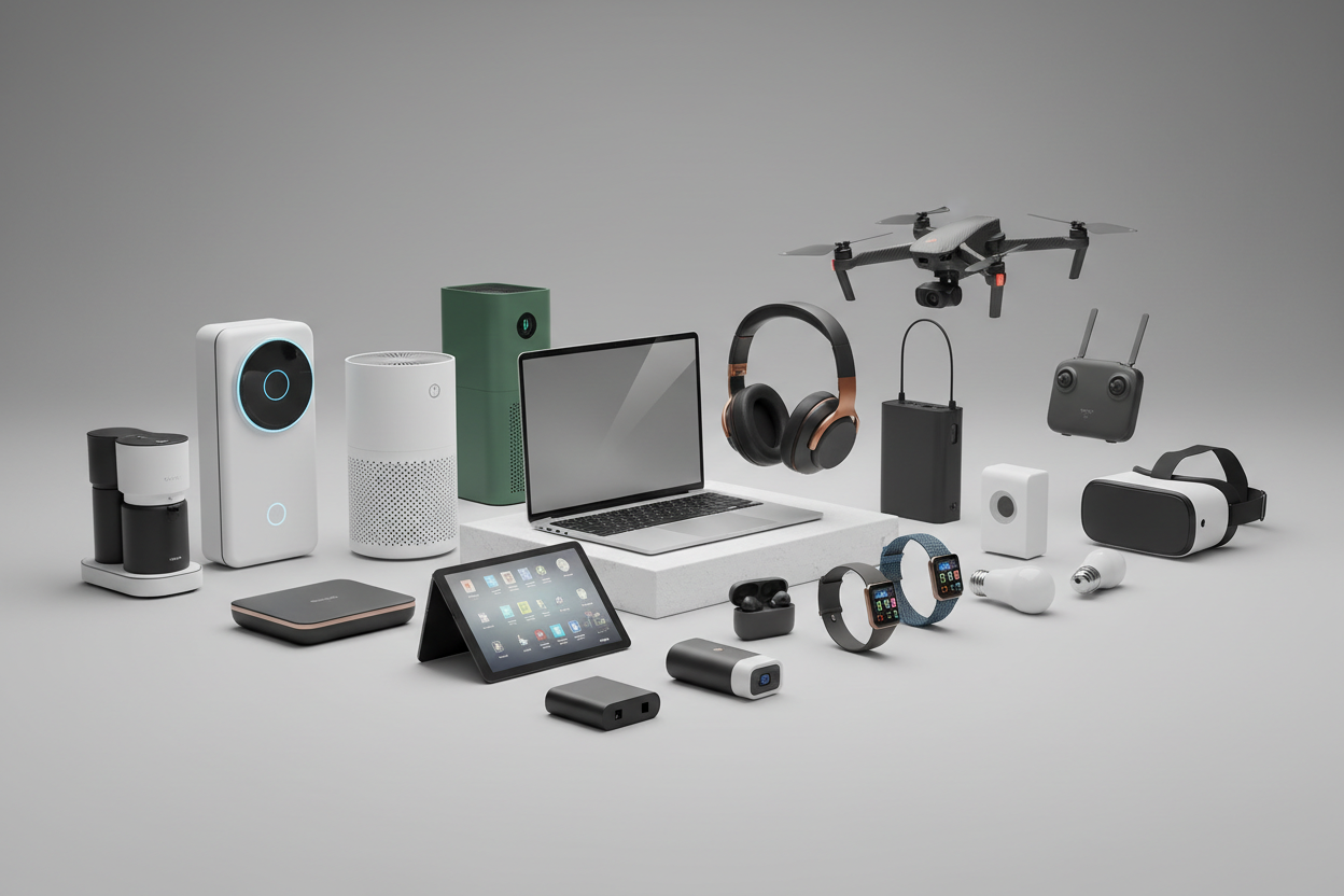 Collection of the latest tech and gadgets, including trending electronics, smart devices, and innovative gear