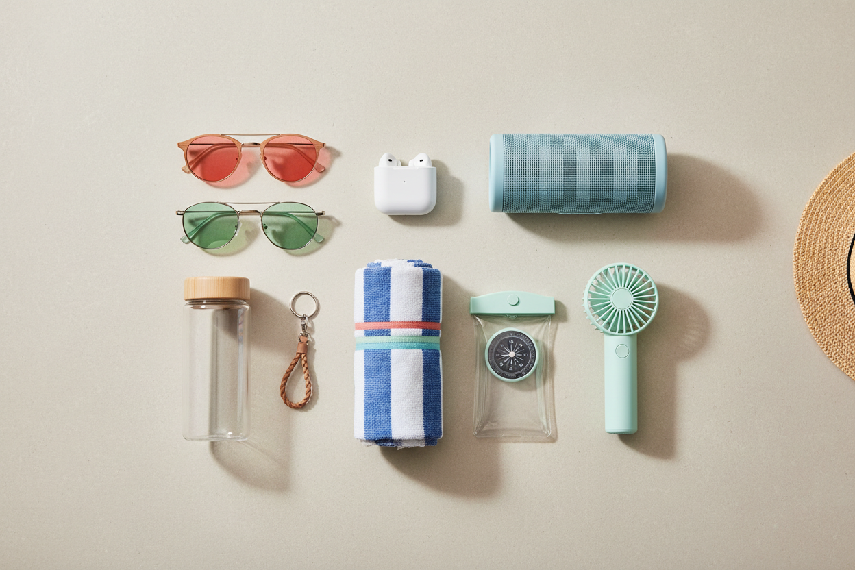 Collection of summer products, including trending gear, gadgets, accessories, and must-have essentials for summer activities