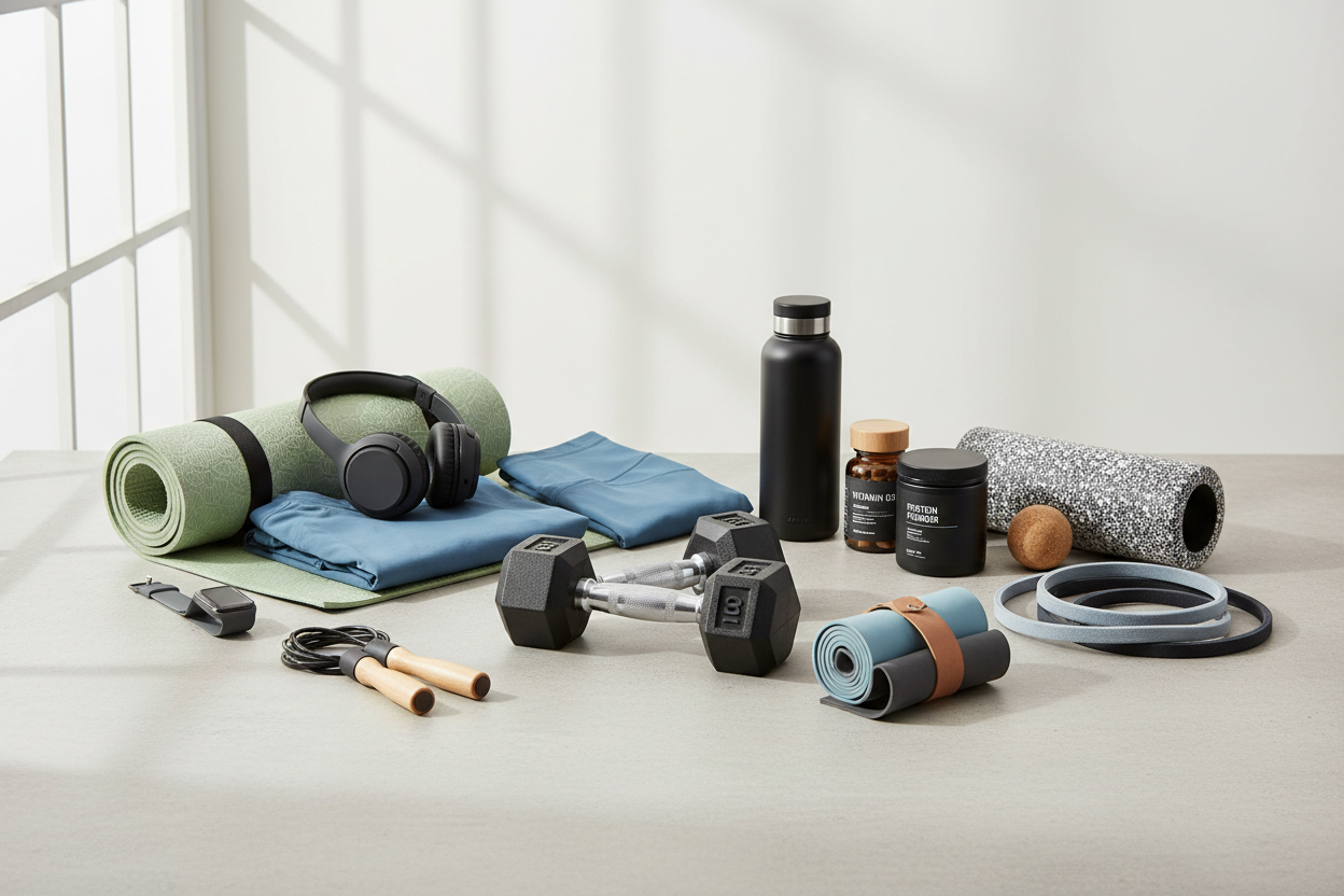 Collection of health and fitness products including workout gear, dumbbells, resistance bands, fitness accessories, supplements, and wellness essentials