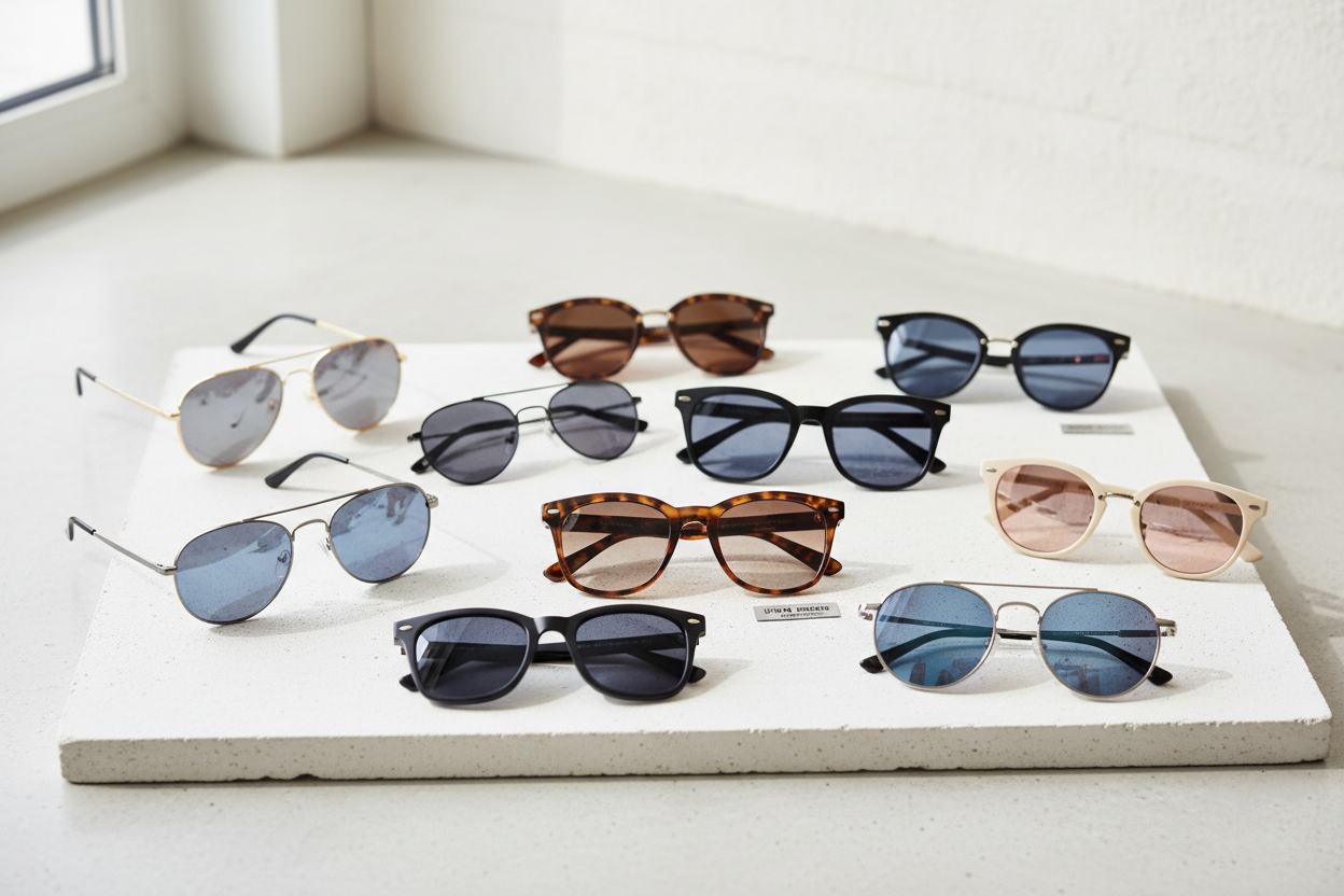Collection of stylish sunglasses for men and women, featuring UV protection and fashion-forward designs