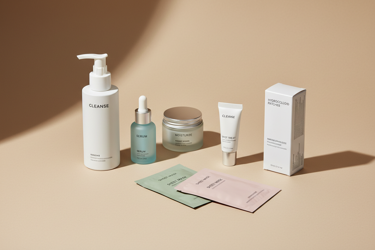 Collection of acne care and skincare products, including cleansers, creams, patches, masks, and clear skin solutions