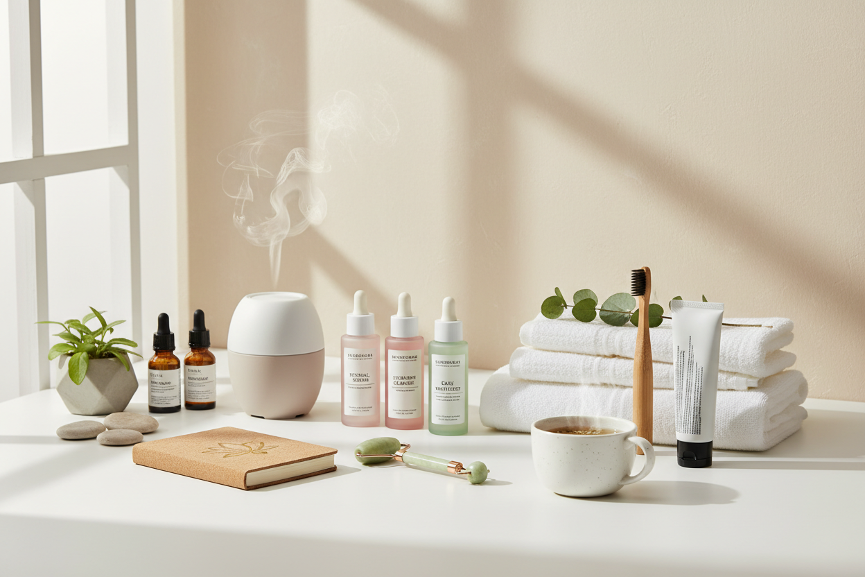 Collection of beauty and self-improvement products, including skincare, wellness items, and personal care essentials