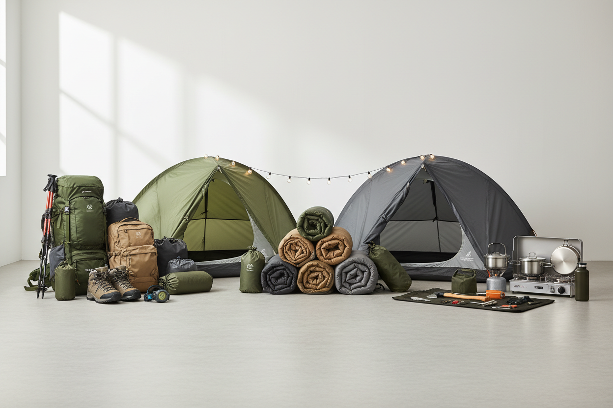 Collection of camping gear and outdoor adventure equipment, including tents, sleeping bags, backpacks, cookware, and tools