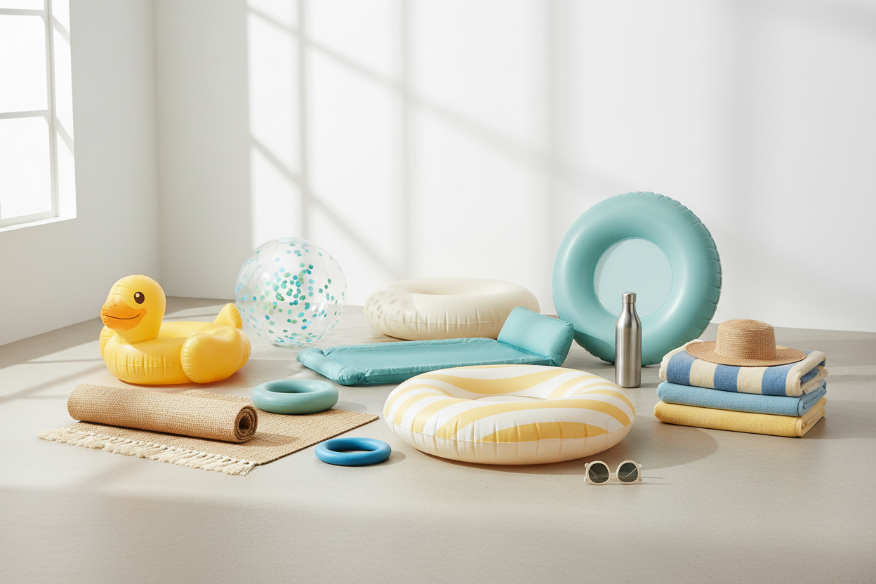 Collection of pool floats and summer vacation essentials, including inflatable loungers, pool toys, and outdoor relaxation accessories