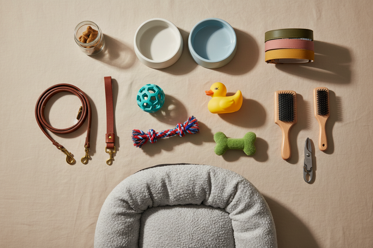 Collection of pet products including toys, beds, leashes, grooming tools, and accessories for dogs, cats, and other pets