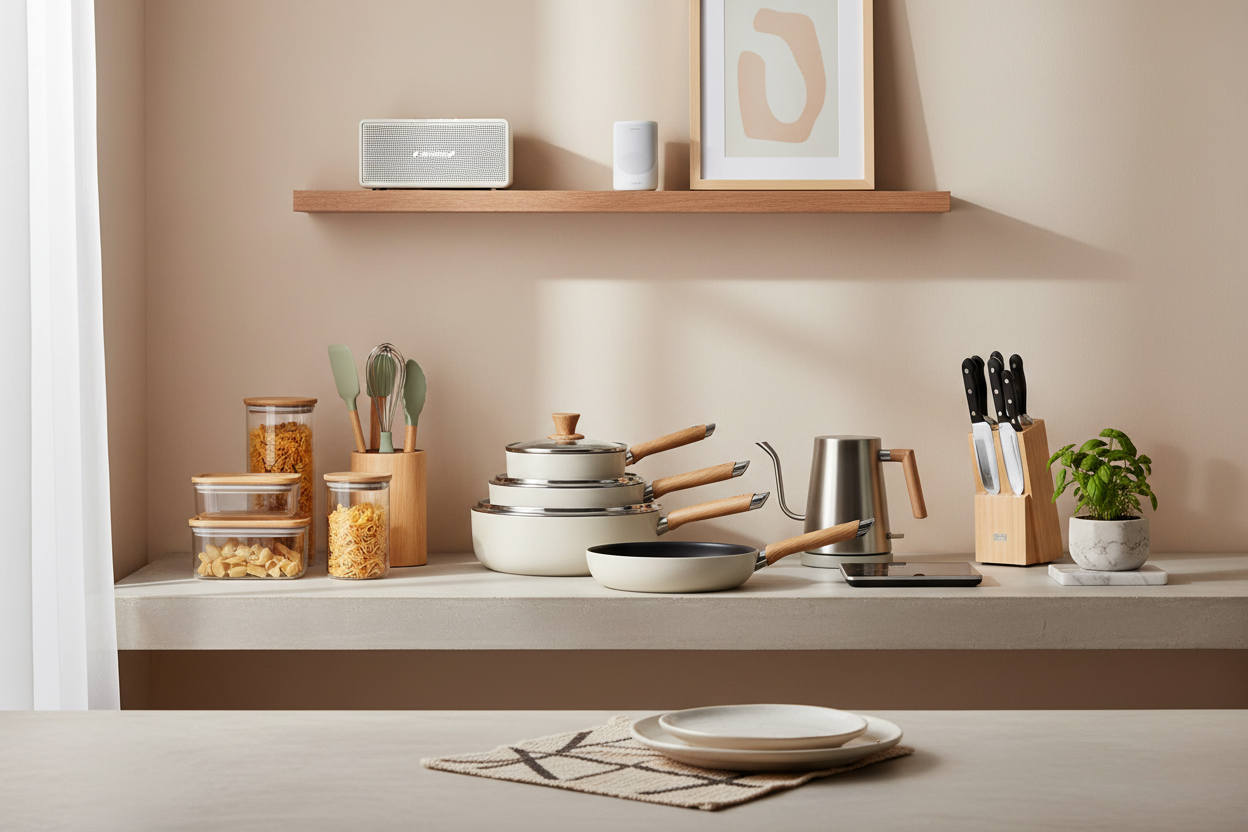 Collection of home and kitchen products including cookware, gadgets, small appliances, storage solutions, and stylish décor for every room