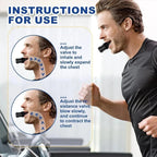 Liveify black mouthpiece for breathing training, shown in use with instructions for inhale and exhale exercises