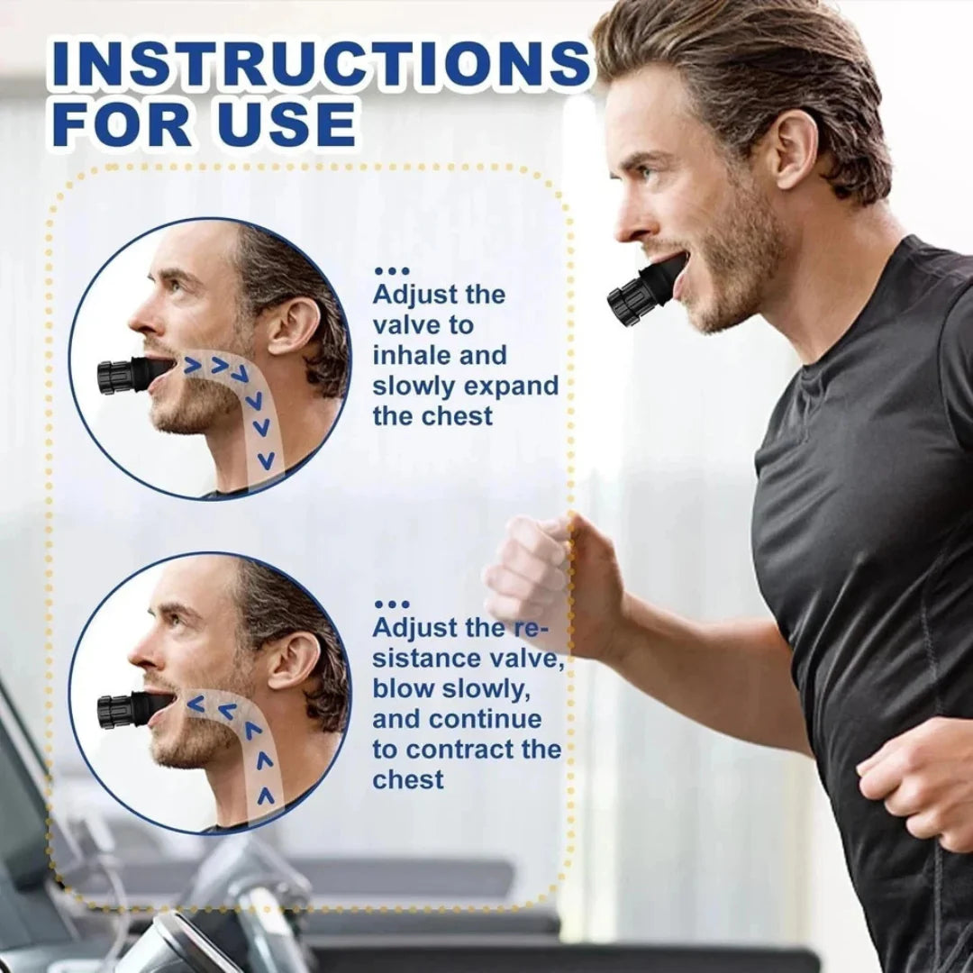 Liveify black mouthpiece for breathing training, shown in use with instructions for inhale and exhale exercises
