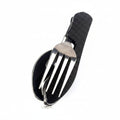 Liveify portable stainless steel spork with black textured grip, compact camping utensil
