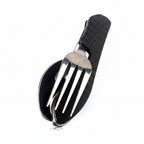Liveify portable stainless steel spork with black textured grip, compact camping utensil