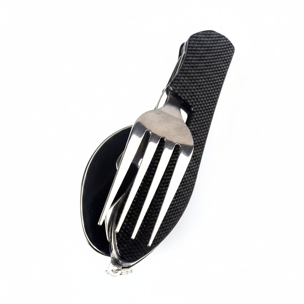 Liveify portable stainless steel spork with black textured grip, compact camping utensil