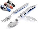 Liveify stainless steel folding spork with bottle opener, blue grip, portable camping utensil set