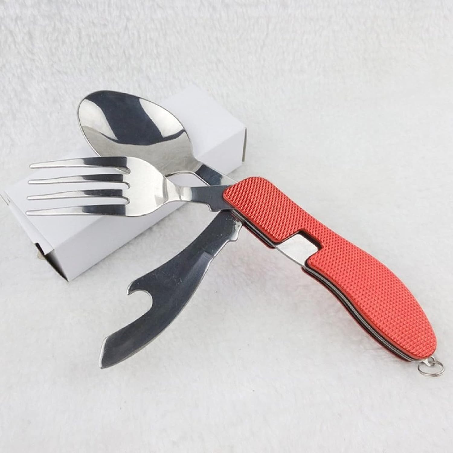 Liveify red portable folding spork with bottle opener, stainless steel utensil for camping travel