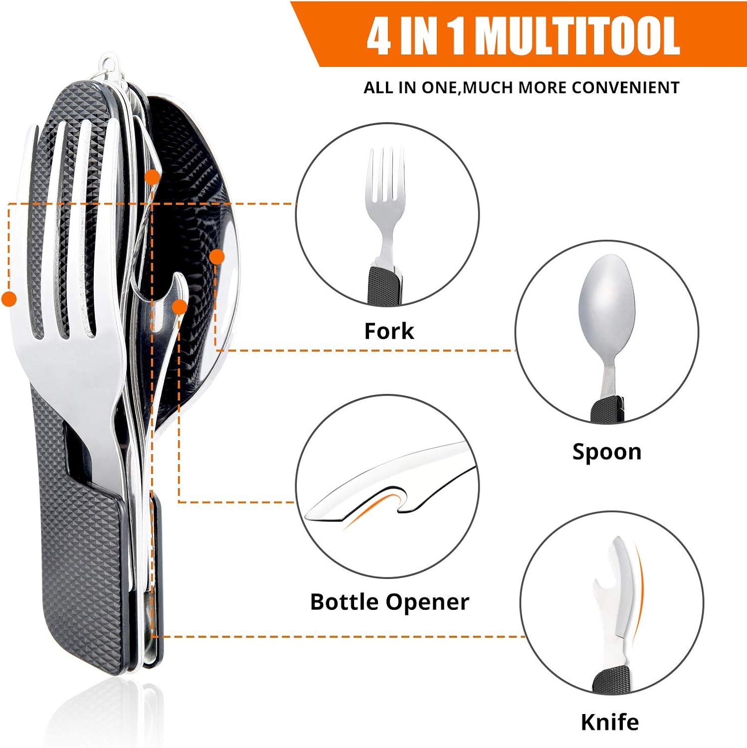 Liveify 4-in-1 multitool with fork, spoon, knife, bottle opener, stainless steel and black grip