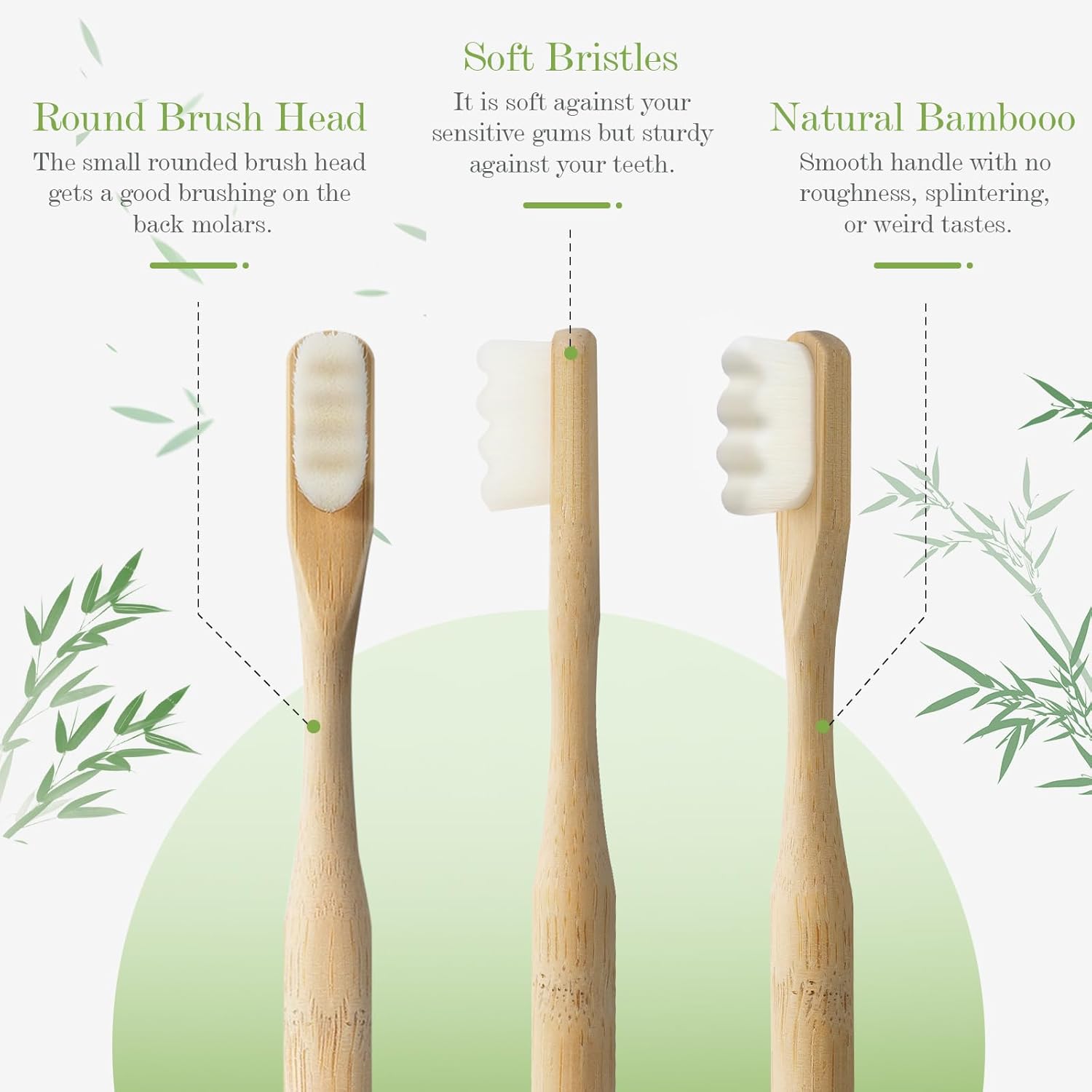 Three Liveify bamboo toothbrushes with text describing features on a green background