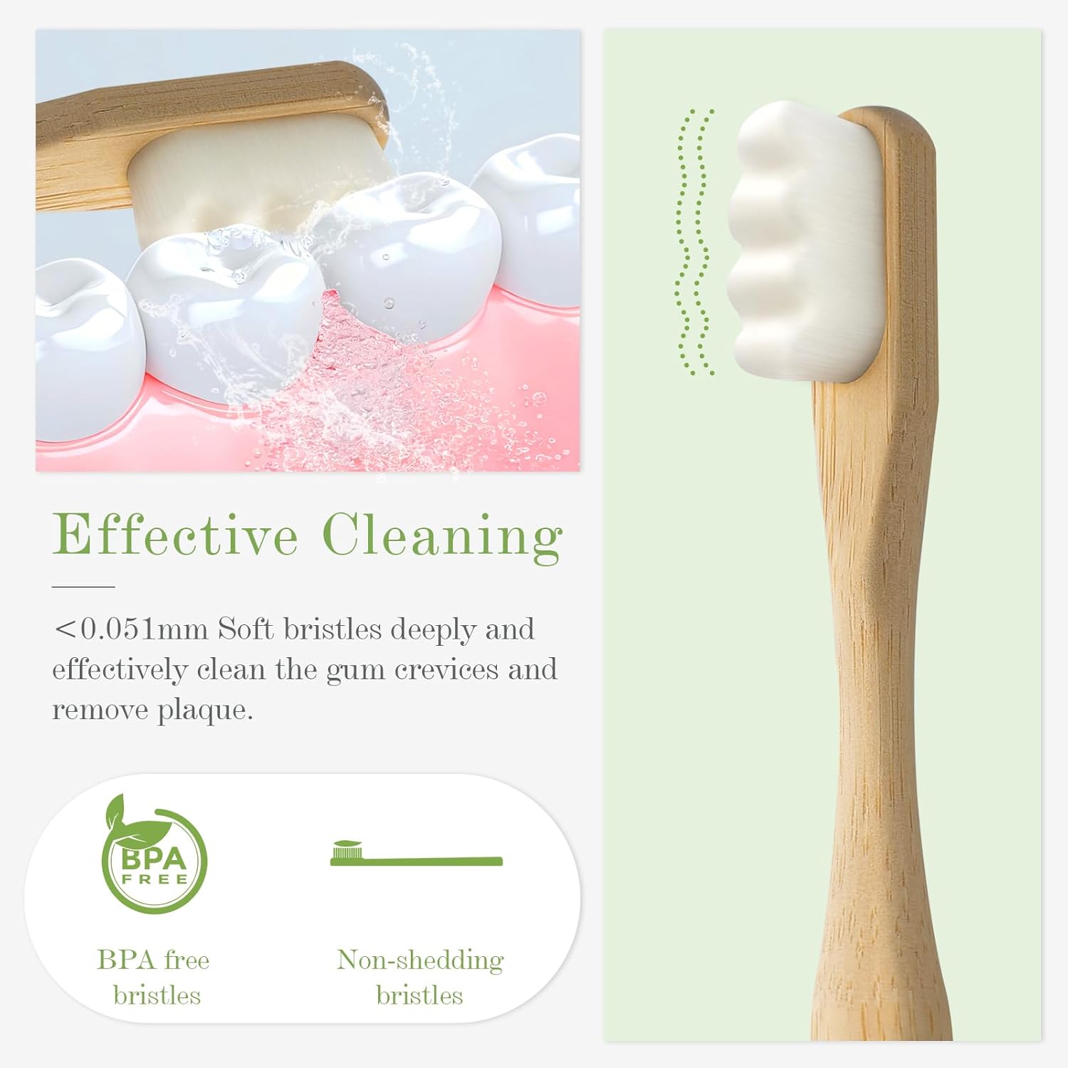 Liveify Toothbrush with soft bristles on a green background, emphasizing effective cleaning and BPA-free features.