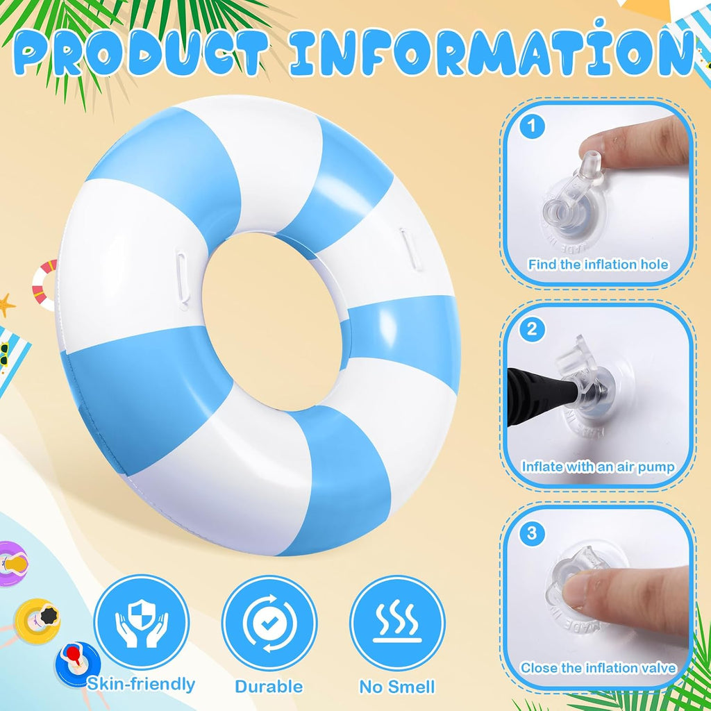 Liveify blue and white striped inflatable pool float ring with skin-friendly durable material, no smell, easy inflation guide