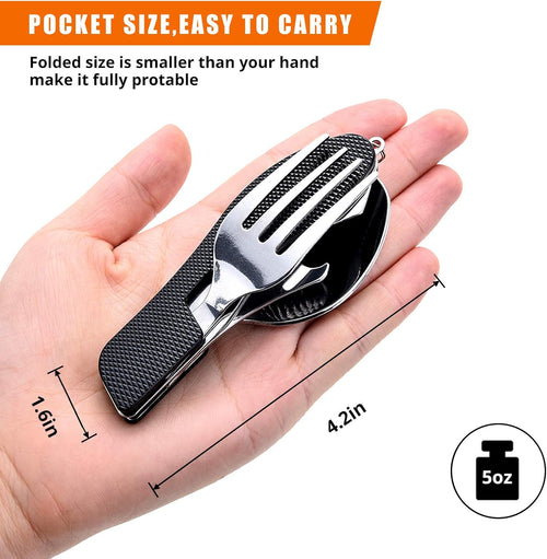 Liveify compact folding spork with black textured grip, stainless steel fork and spoon, pocket-sized 4.2in, 5oz