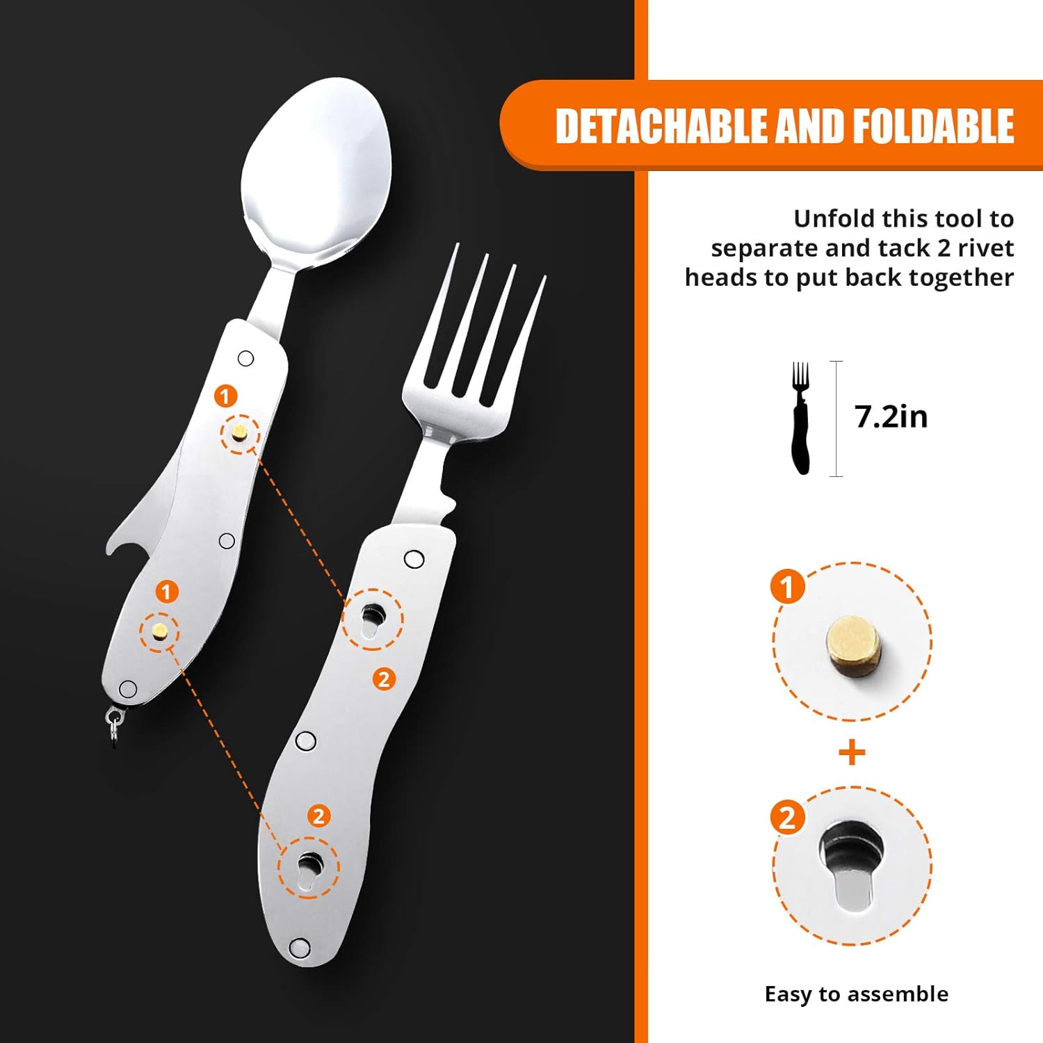 Liveify detachable and foldable stainless steel spoon and fork set, 7.2 inches, easy to assemble