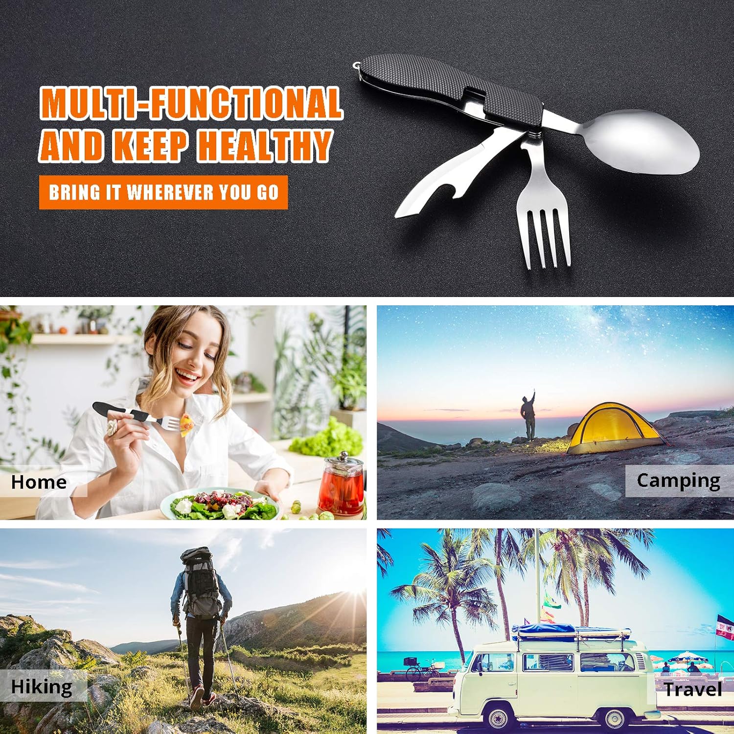 Liveify multi-functional stainless steel fork spoon knife set with black textured handle for camping hiking travel