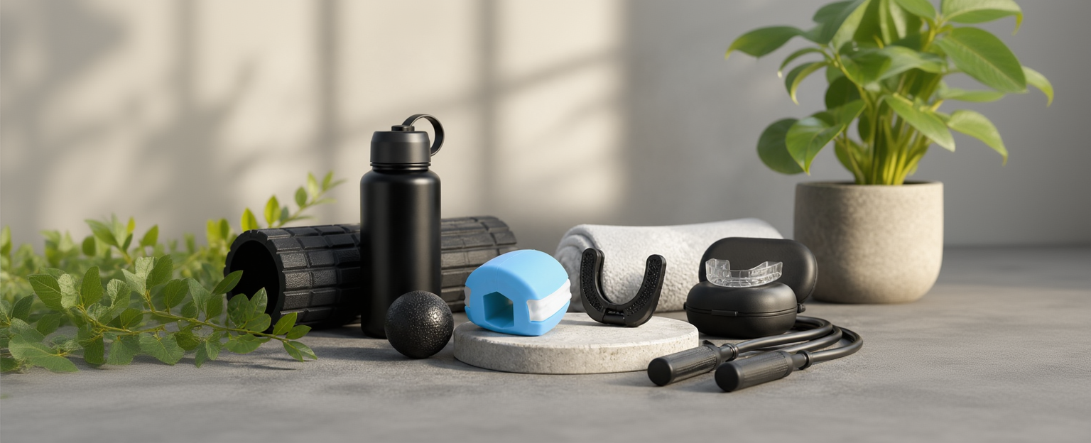 Collection of fitness and health products including a water bottle, mouthguard, and resistance bands on a neutral background.