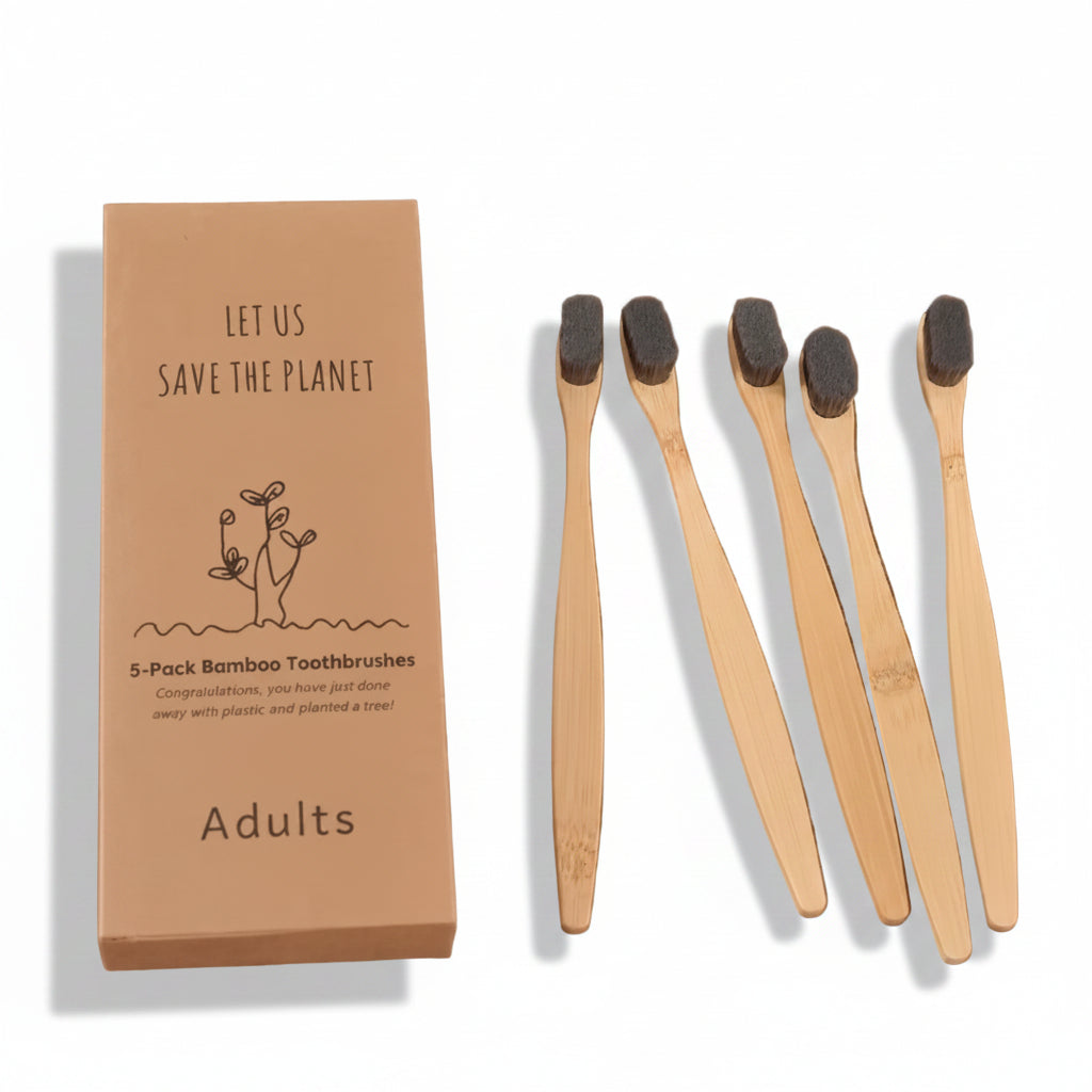 Liveify 5-pack bamboo toothbrushes for adults, natural wood handles with black bristles, eco-friendly packaging