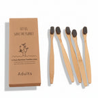 Liveify 5-pack bamboo toothbrushes for adults, natural wood handles with black bristles, eco-friendly packaging