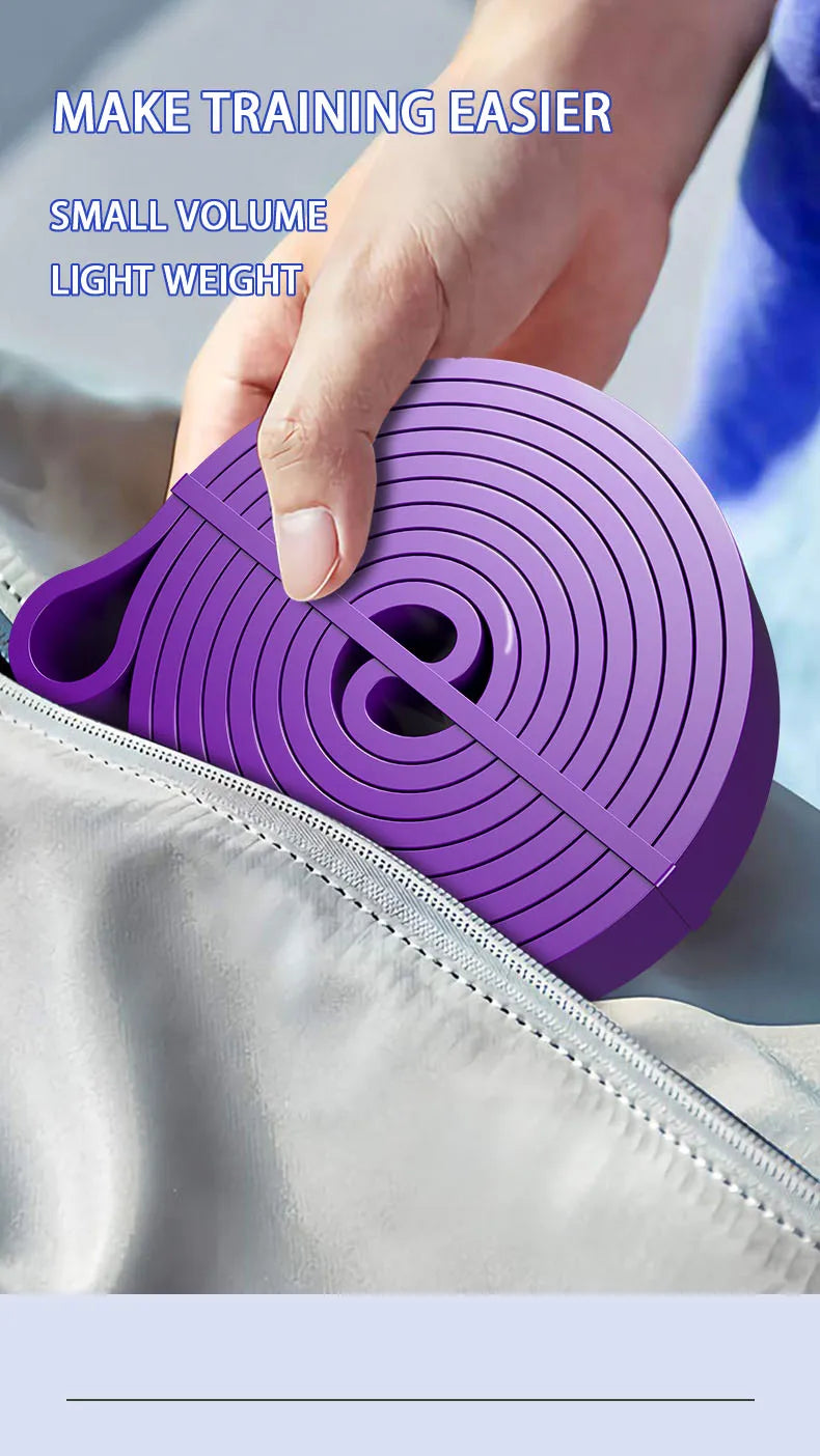 Liveify purple resistance band, lightweight and compact for portable fitness training, shown in gym bag