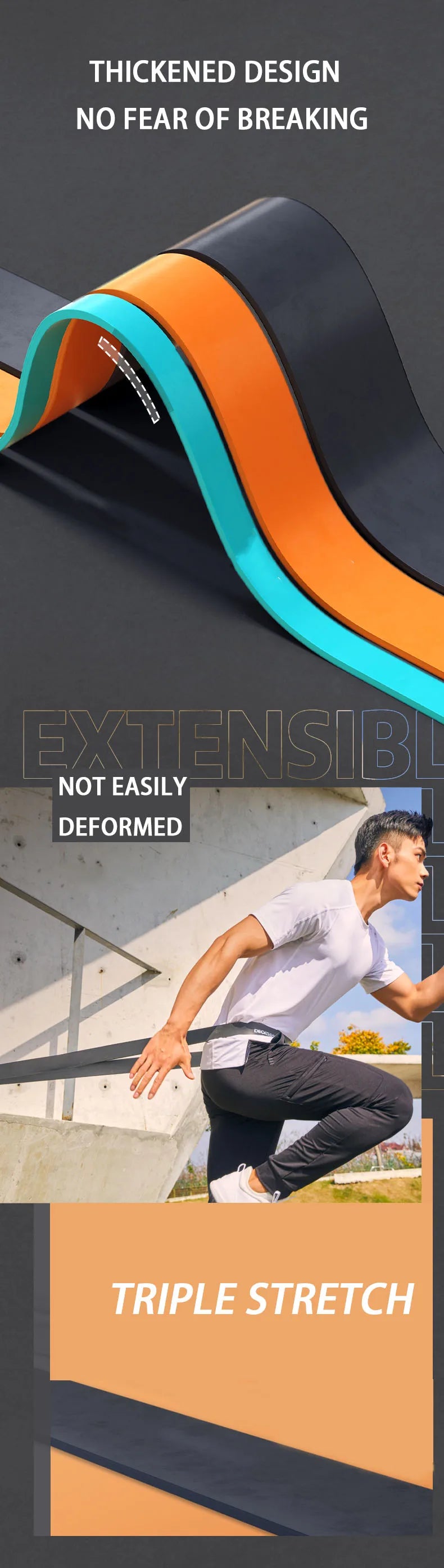 Liveify thick resistance bands in black, orange, teal, showing triple stretch durability for fitness training