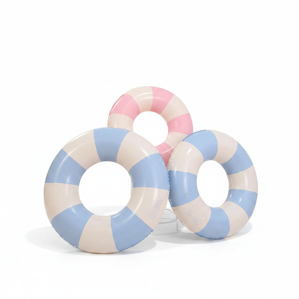 Liveify inflatable pool float rings in pastel blue, pink, and cream stripes for summer fun
