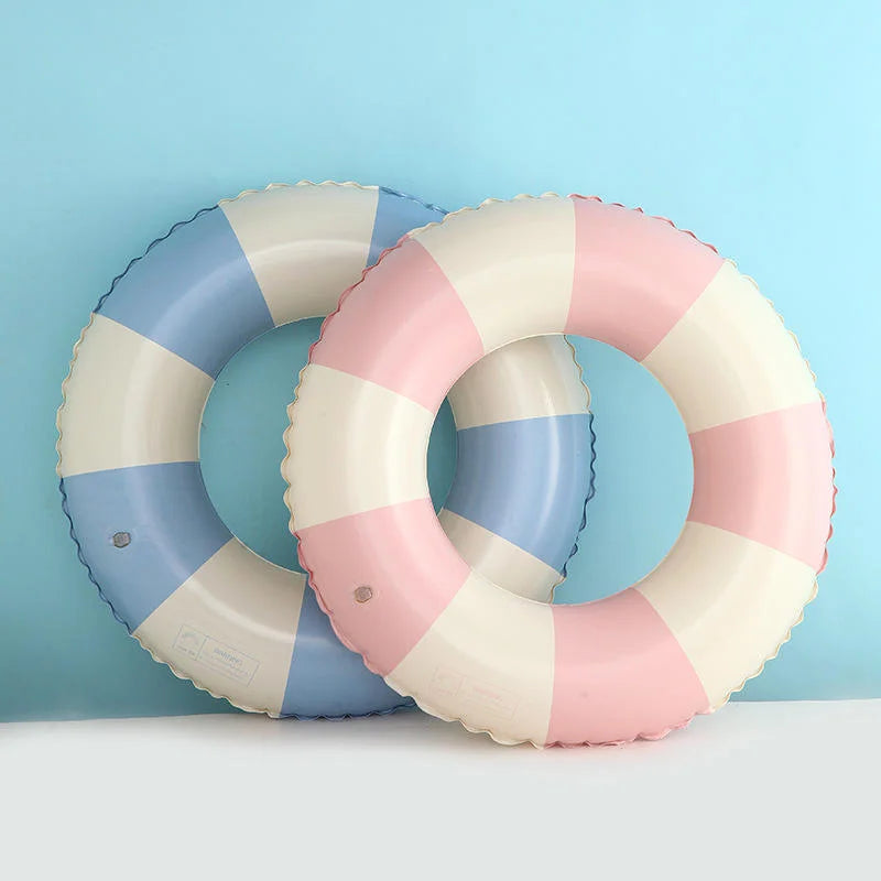 Liveify pink and blue striped inflatable pool float rings with scalloped edges for summer swimming fun