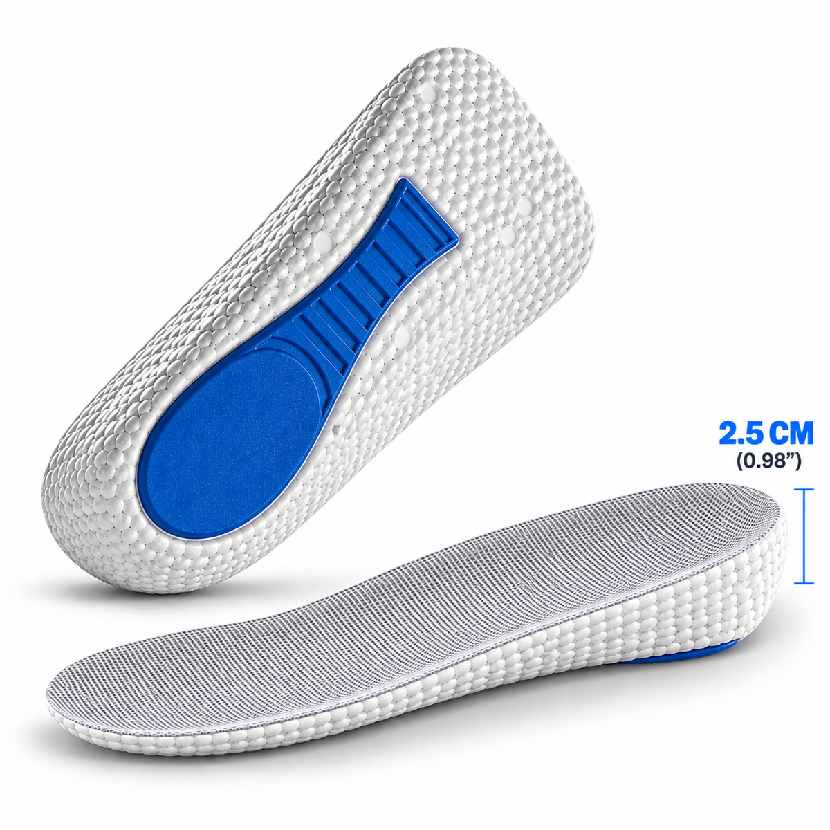 A pair of white textured shoe insoles with a blue heel accent, shown on a white background. One insole is oriented vertically showing the top and the other is horizontal showing the sole.