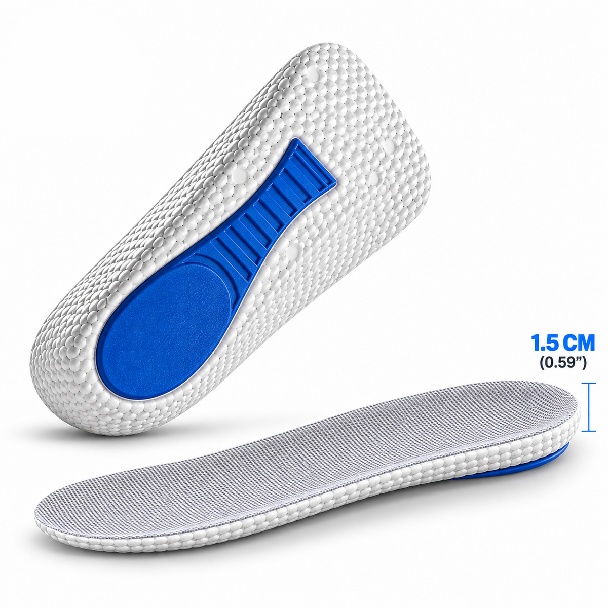 A pair of white textured shoe insoles with blue accents, shown from both the top and bottom views on a white background. The brand name 'LIVEIFY' is visible in the top left corner, and a size measurement of '1.