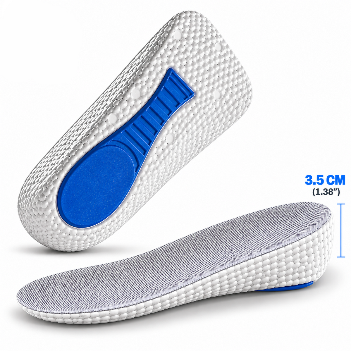 A pair of white textured orthopedic shoe insoles with blue accents, shown on a clean white background. One insole is angled to show the blue underside, and the other is shown from the top.
