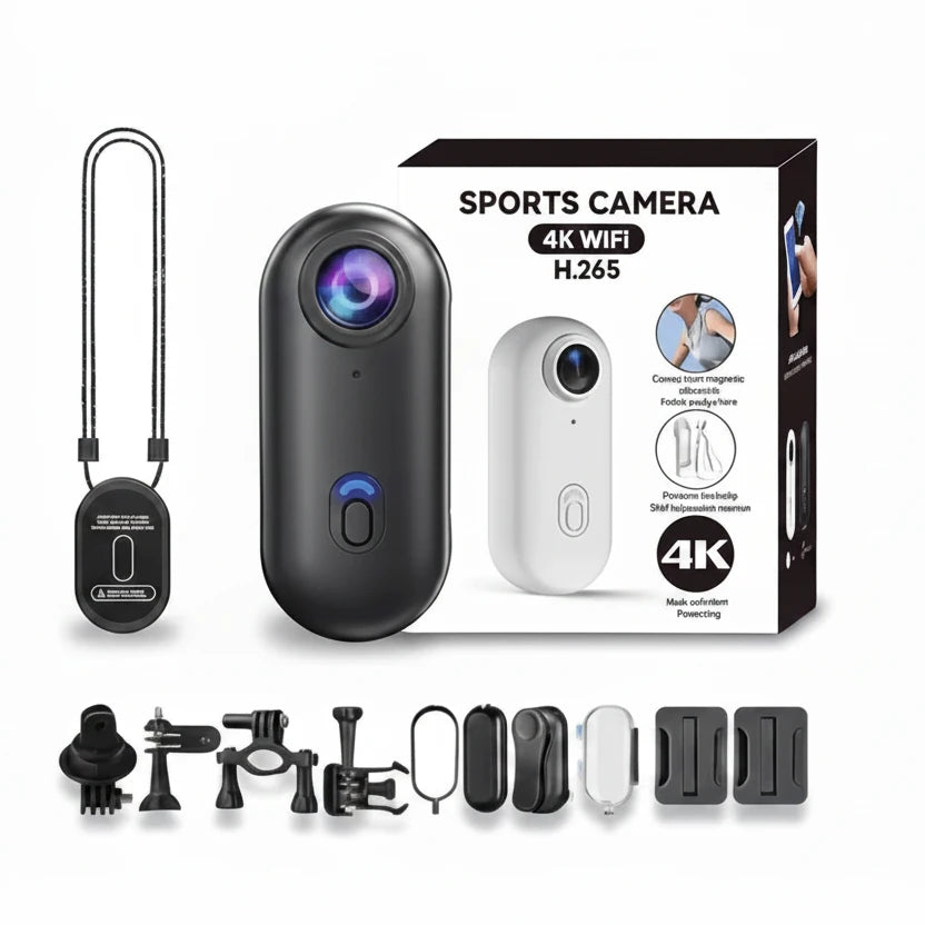 Sports camera with accessories and packaging on a light gray background