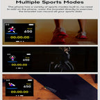 Liveify fitness tracker displaying multiple sports modes with calorie tracking during running, jumping rope, and floor exercises