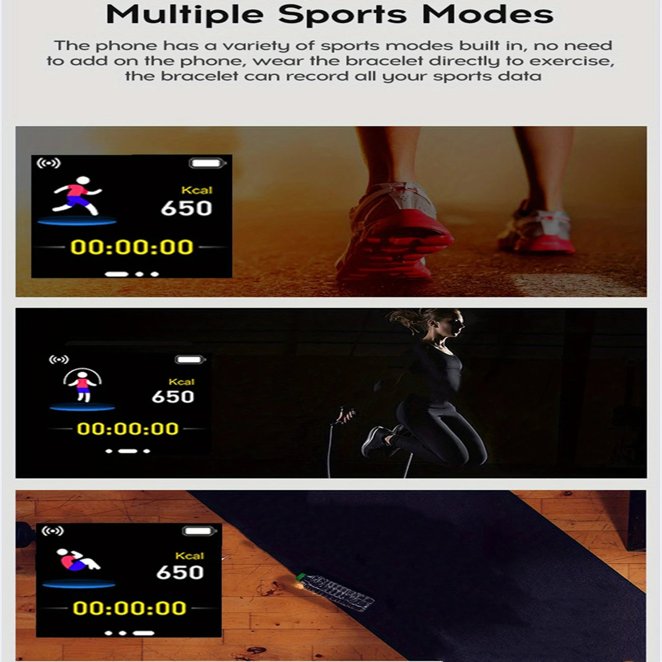 Liveify fitness tracker displaying multiple sports modes with calorie tracking during running, jumping rope, and floor exercises