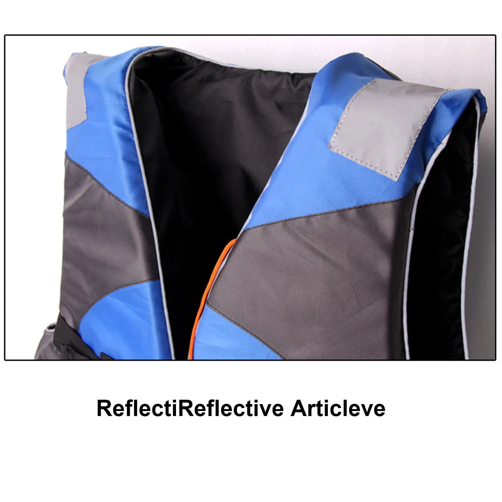 Liveify blue and gray reflective safety vest with orange zipper and black interior lining
