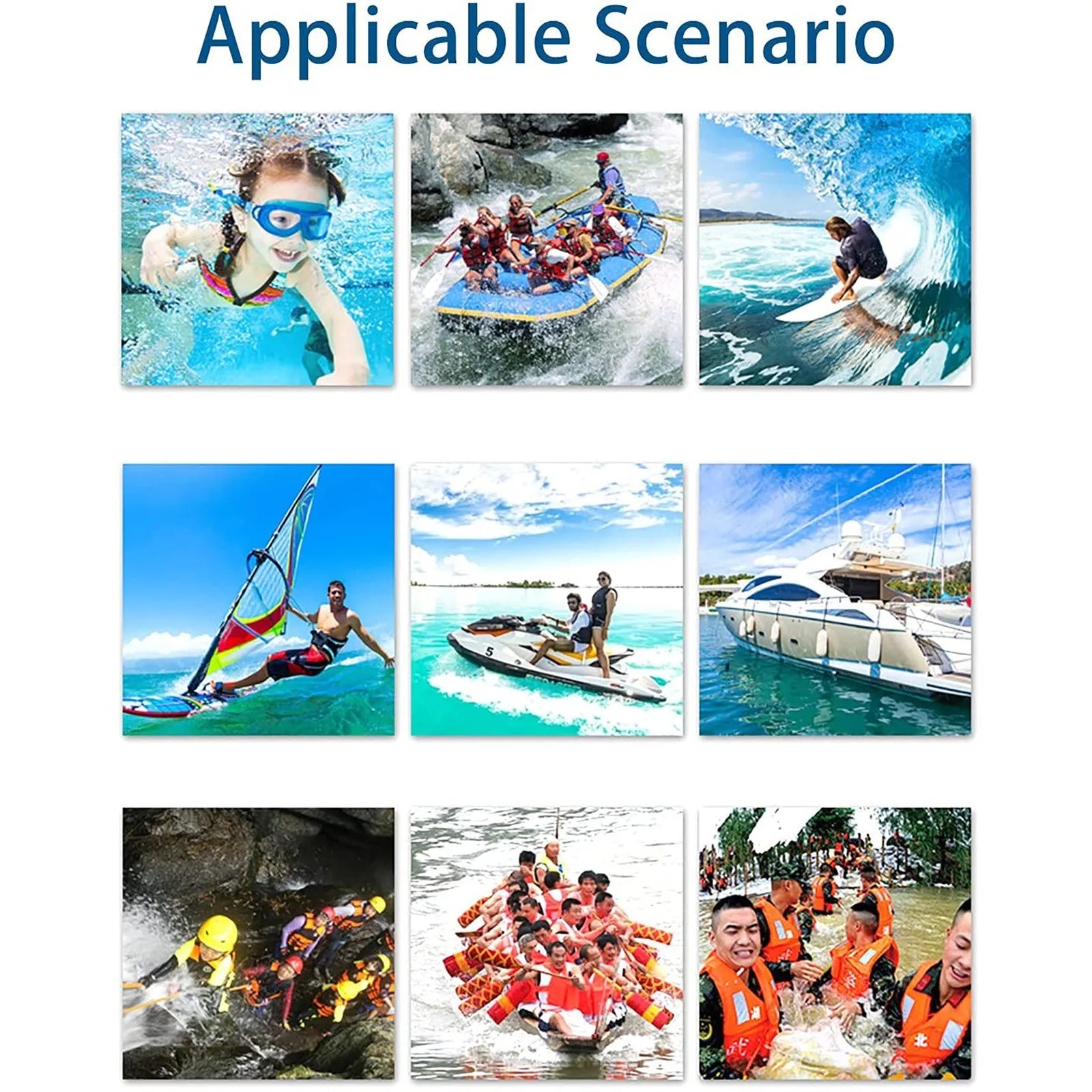Liveify: Collage showing kids swimming, rafting, surfing, windsurfing, jet skiing, yachting, kayaking, dragon boating, and group water activities.
