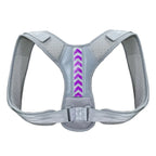 Liveify gray posture corrector with purple chevron design, breathable mesh material, adjustable straps for back support