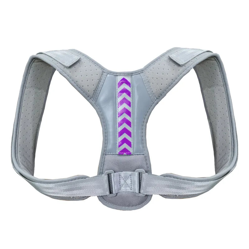 Liveify gray posture corrector with purple chevron design, breathable mesh material, adjustable straps for back support