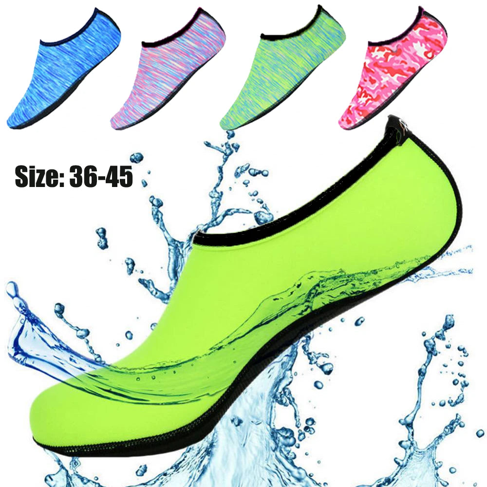 Liveify neon green water shoes with black trim, splash-proof design, sizes 36-45, ideal for beach, pool, or water sports