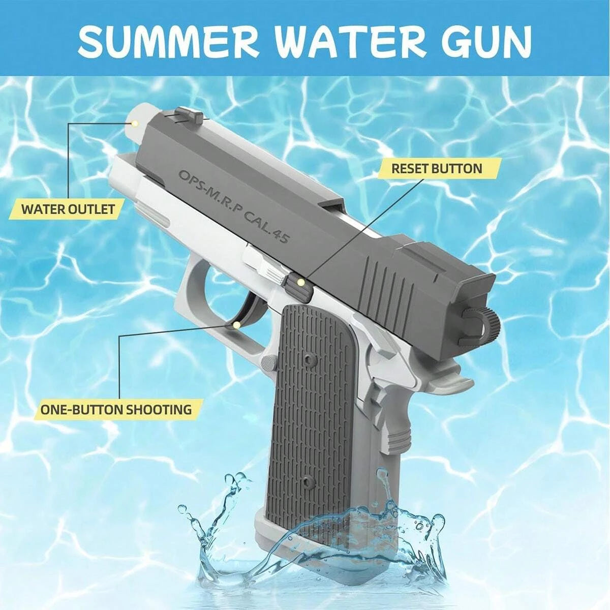 Diagram of a water gun with labeled parts on a blue water background