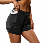 Liveify black mesh fitness shorts with phone pocket, drawstring waist, and layered design for gym workouts