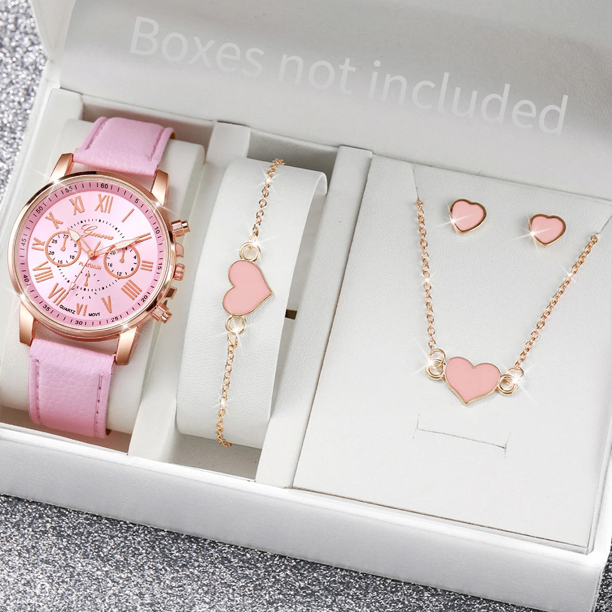 Liveify pink heart jewelry set with watch, bracelet, necklace, and earrings in gift box