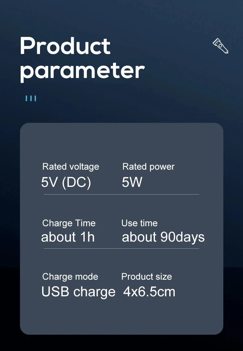 Liveify product specs: 5V 5W, USB charge, 1h charge time, 90-day use, 4x6.5cm size